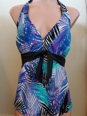 Blue Purple Tropical-Print Halter Swim Tankini with Black Waist Tie